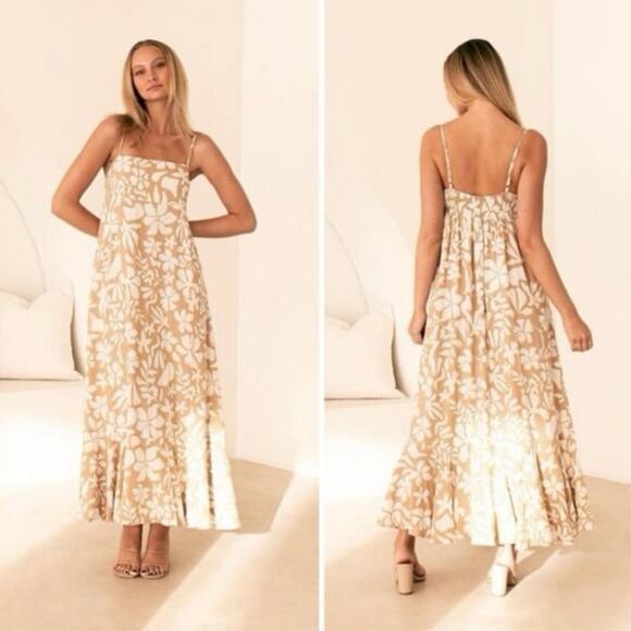 Abel the Label Maxi Dress Floral White Tan Spaghetti Strap Size XL - Picture 1 of 9
